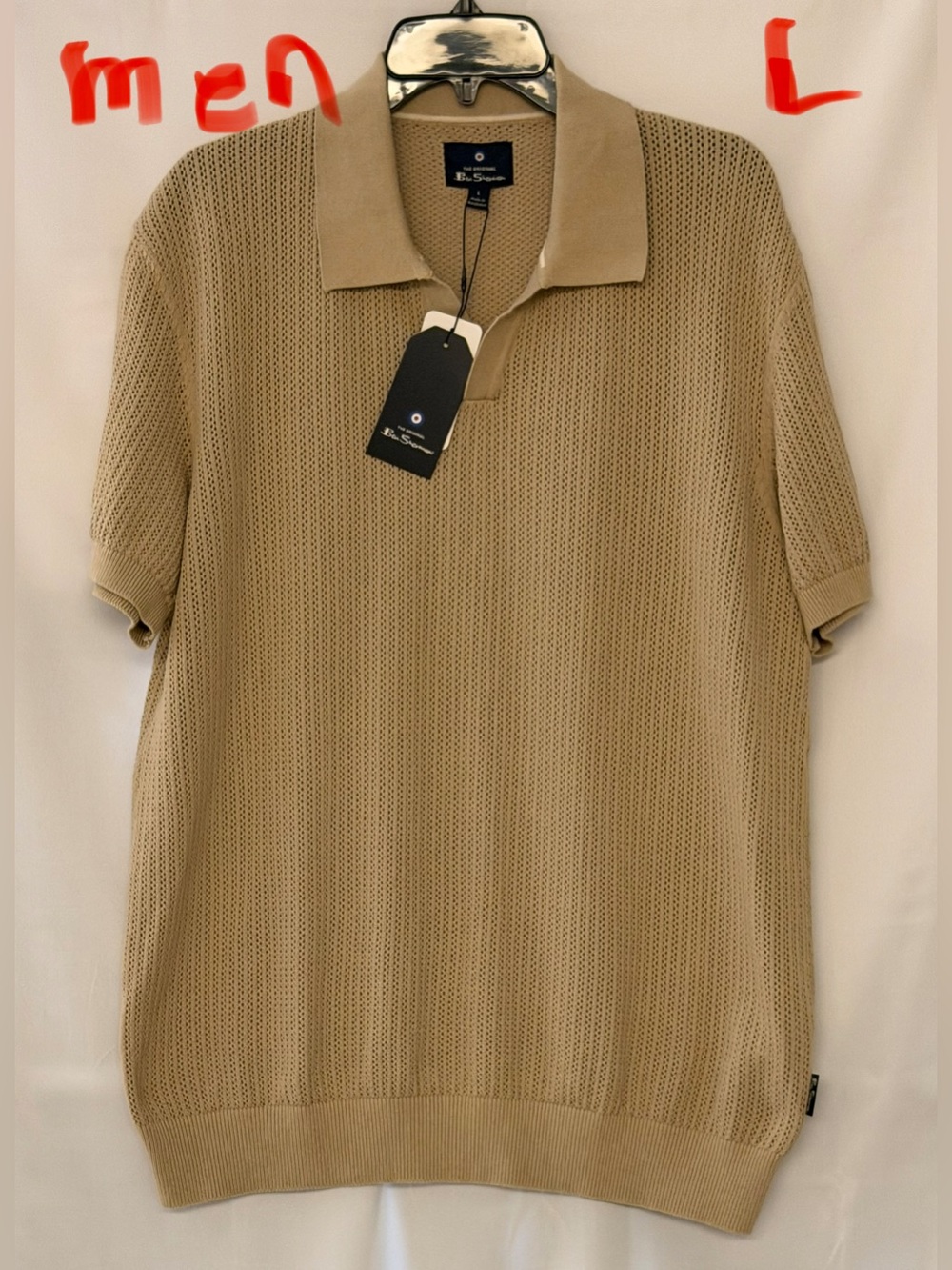 Ben Sherman Men’s Beige Open-Knit Short-Sleeve Polo